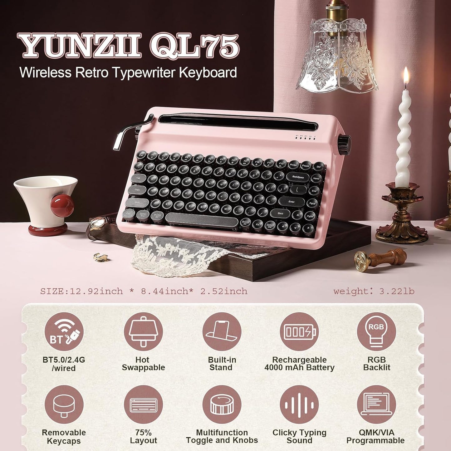YUNZII QL75 Wireless Typewriter Hot Swap Retro Mechanical Keyboard,Punk Round Keycaps,RGB Backlit QMK/VIA Programmable,Multi-Device Keyboard with 2.4GHz/Type-C/BT5.0 (Pink, Cocoa Cream V2 Switch)