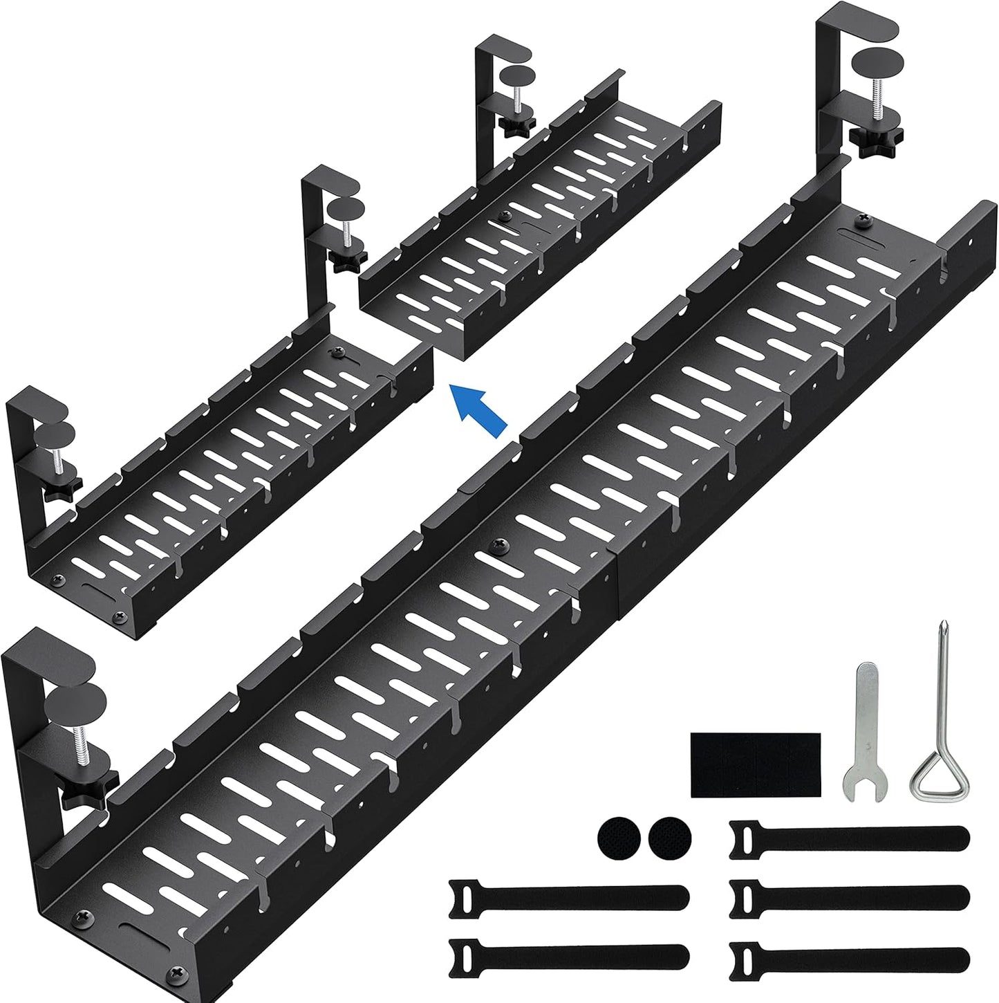 No Drilling Extendable Under Desk Cable Management, Metal Cable Management Tray Under Desk with Clamp, Retractable Power Strip Cord Holder for Wire Management 31Inch (1 Pack Black or white random 31')