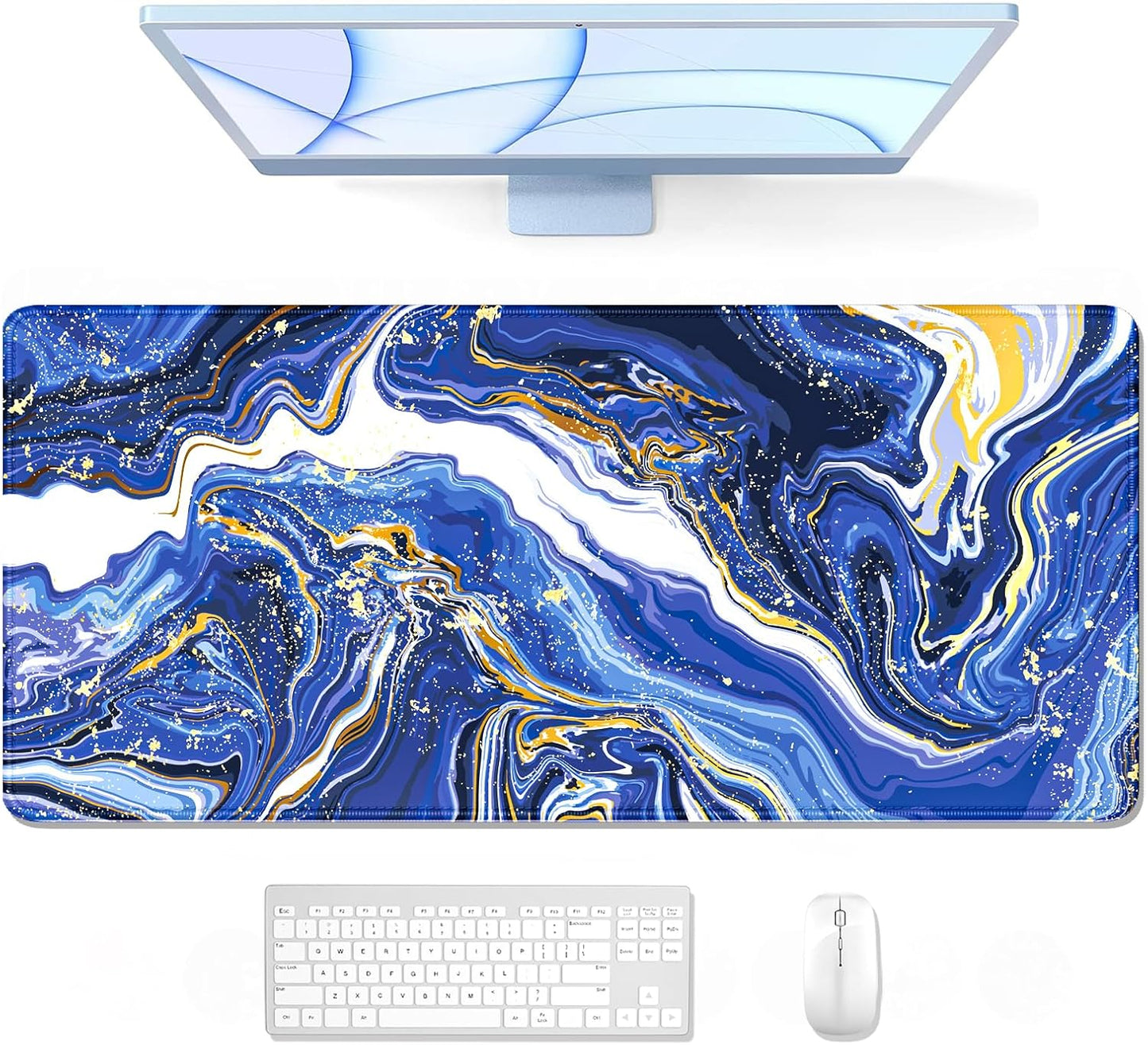 Auhoahsil Large Mouse Pad, XXL Gaming Mousepad, Desk Mat for Desktop, Thick Rubber, Big & Long Size, Stitched Edges, Full Desk Pad for Laptop & Computer, Extended 31.5 x 11.8 in, Navy Marble