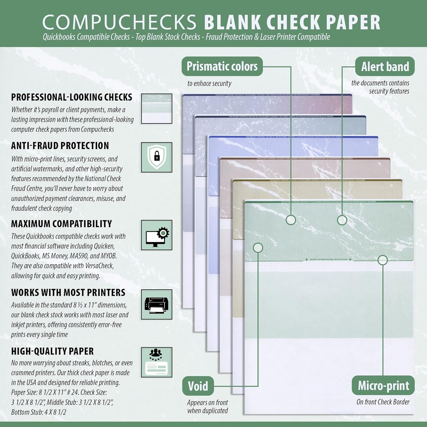 Compuchecks Check on Top Blank Check Paper - 2500 Pack, Quick-Books & Laser Printer Compatible - Security Business Checks with Voucher - 8.5" x 11" Gold Diamond