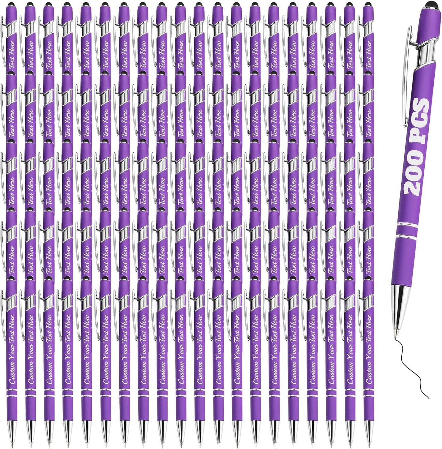 Personalized Pens Bulk 200 with Name Custom Engraving Ballpoint Pens with Stylus Tip Customized Smooth Writing Pens Personalized Gifts for Anniversary Birthday or Graduation(Purlpe,Black Ink)