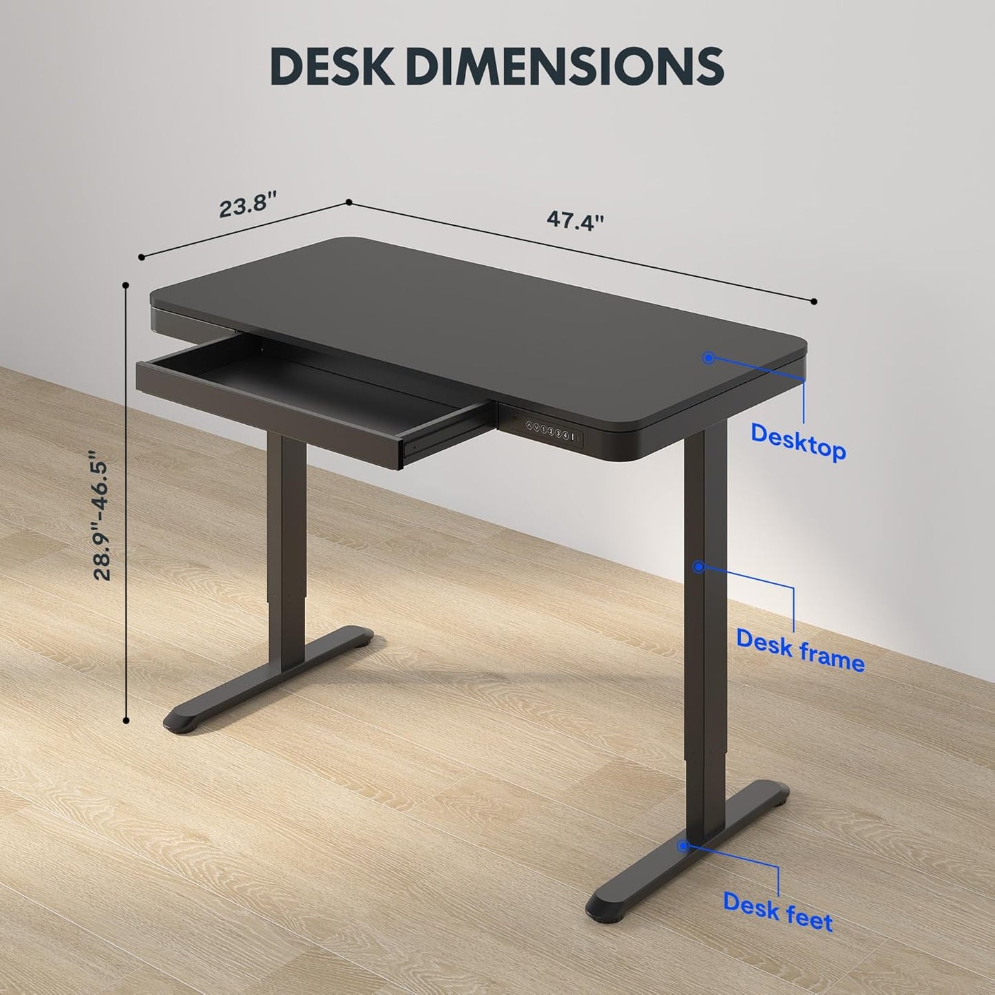 FLEXISPOT Comhar Electric Standing Desk with Drawer Desktop & Adjustable Frame Quick Install w/USB Charge Ports (Black, Wood)