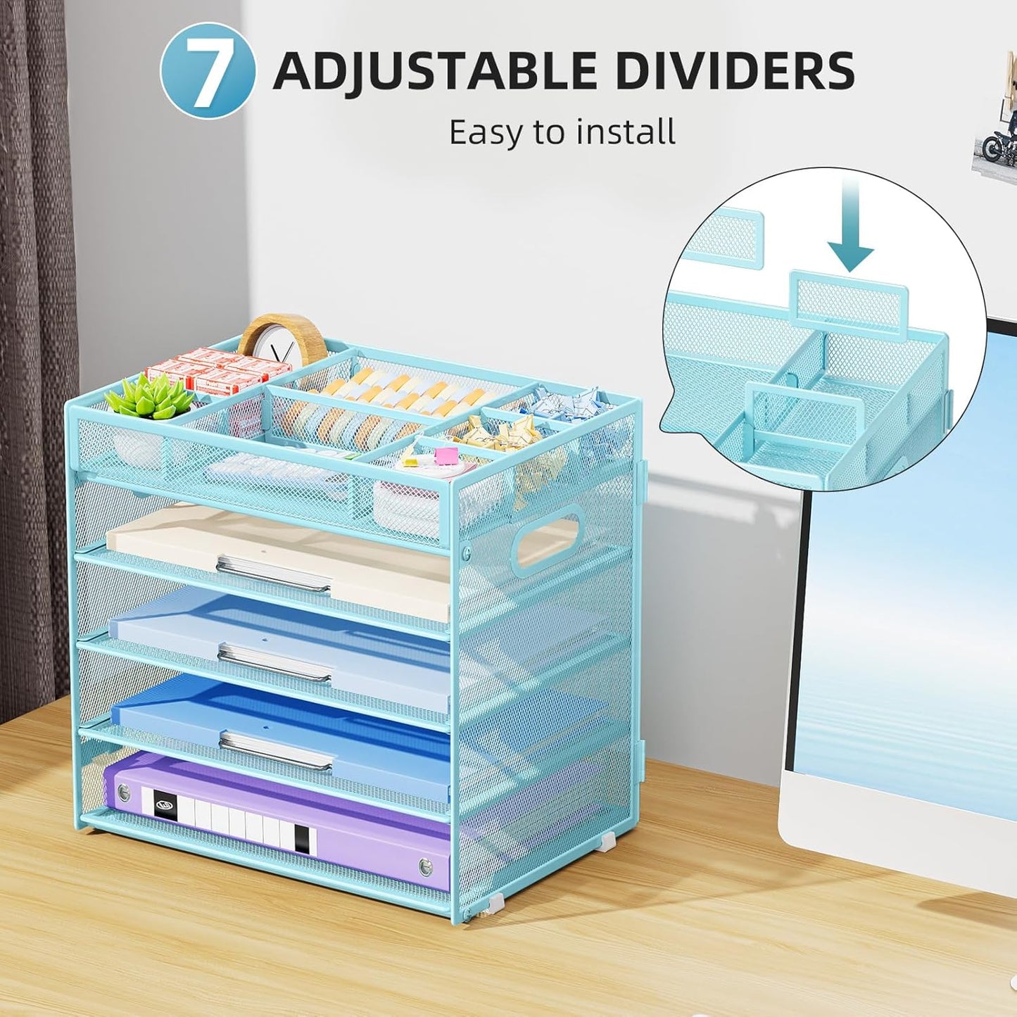 Marbrasse 5-Tier Letter Tray Paper Organizer with Handle, Multi-Functional Mesh File Organizer for Desk, Adjustable Compartments Mesh Desktop Storage for Office Supplies,Blue