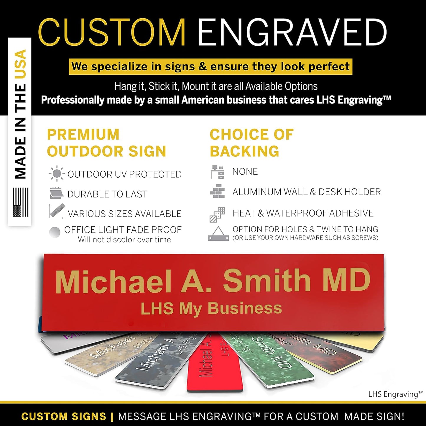 Engraved Name Plates for Door Sign Personalized Red Plastic Plaque with Gold Letters - Made in USA 2x10 B17