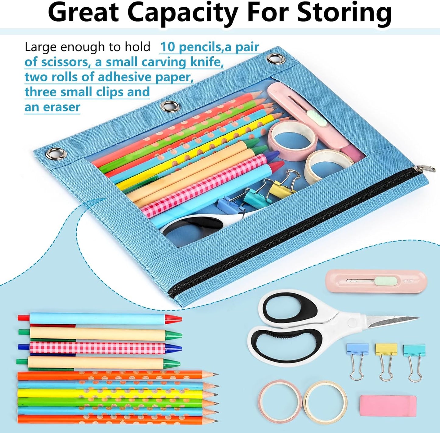Forvencer 6Pack Pencil Pouches for 3 Ring Binder, Smooth Zipper 3 Ring Binder Pencil Pouch, Multi-Color Pencil Case for Binder, Clear Top Binder Pencil Pouch, Pencil Bag with 3 Re-enforced Grommets
