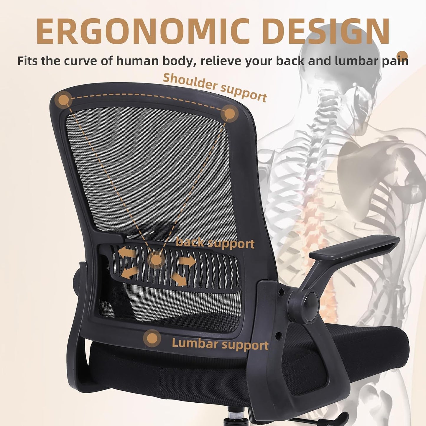 Office Chair, Ergonomic Desk Chair with Lumbar Support, Breathable Mesh Chair with Flip-up Armrests and Mid Back, Comfy Task Computer Height Adjustable Swivel Chair (2, Black)