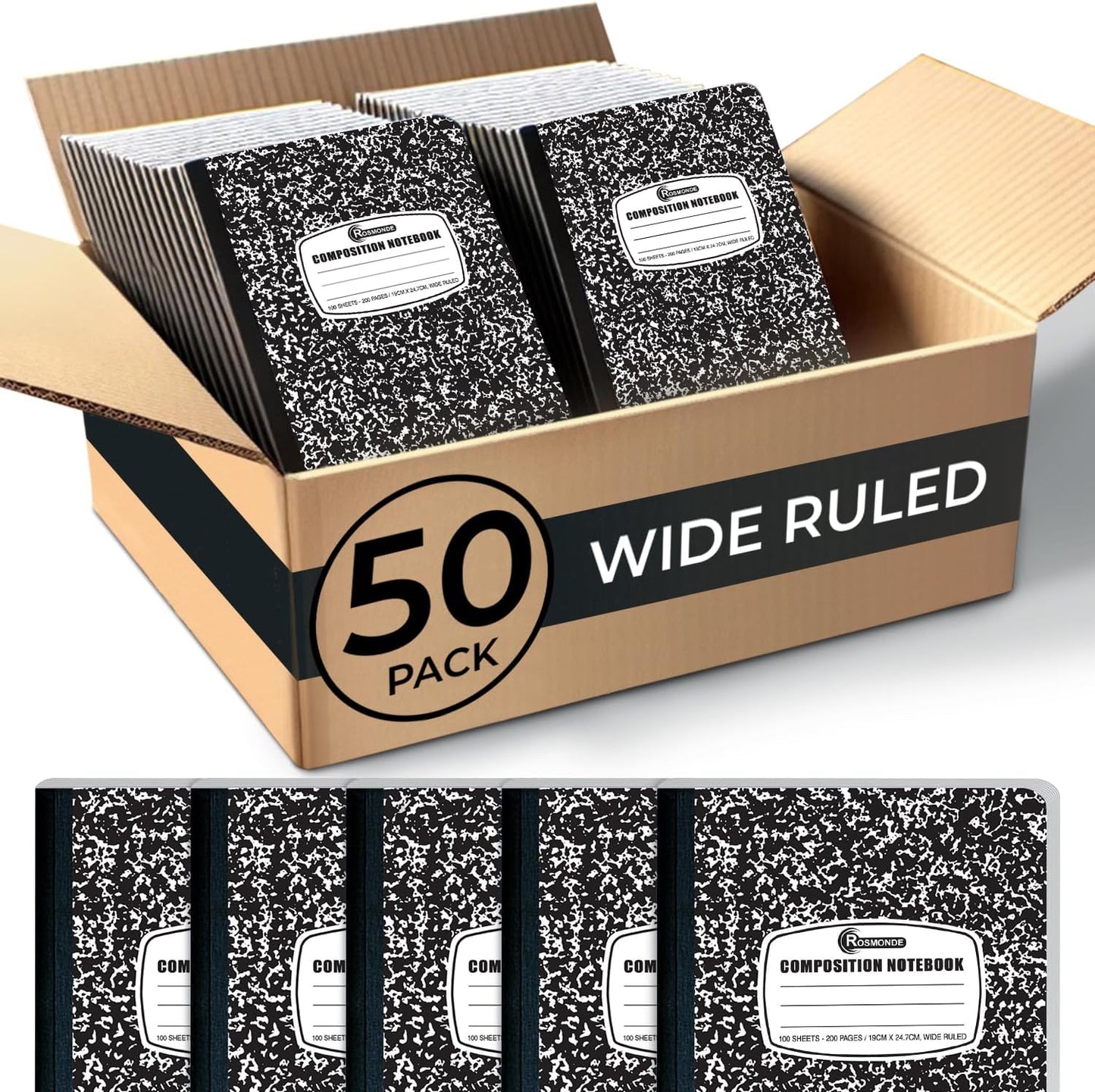 50 Pack Composition Notebooks Bulk Wide Ruled, 200 Pages (100 Sheets), 9-3/4 x 7-1/2, Hard Cover, Bulk Black Marble Composition Notebook, Bulk Office Notebooks, Bulk Notebooks School Supplies