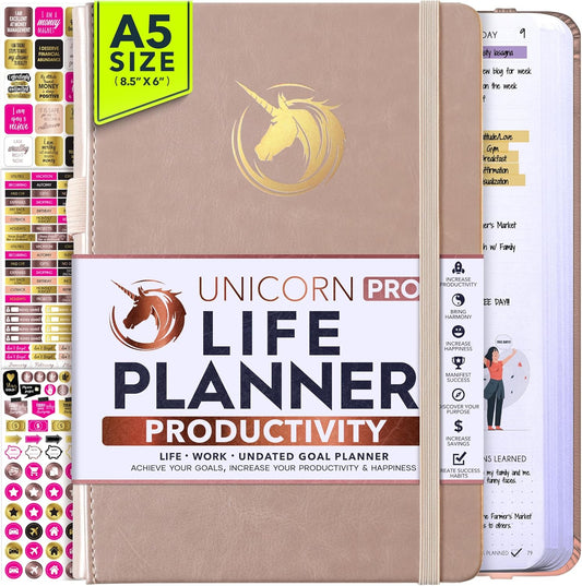 Life Planner - Undated Daily, Weekly & Monthly Planner with Budget Section | A 12 Month Journey to Increase Productivity & Happiness | Life Organizer & Gratitude Journal - Horizontal Format