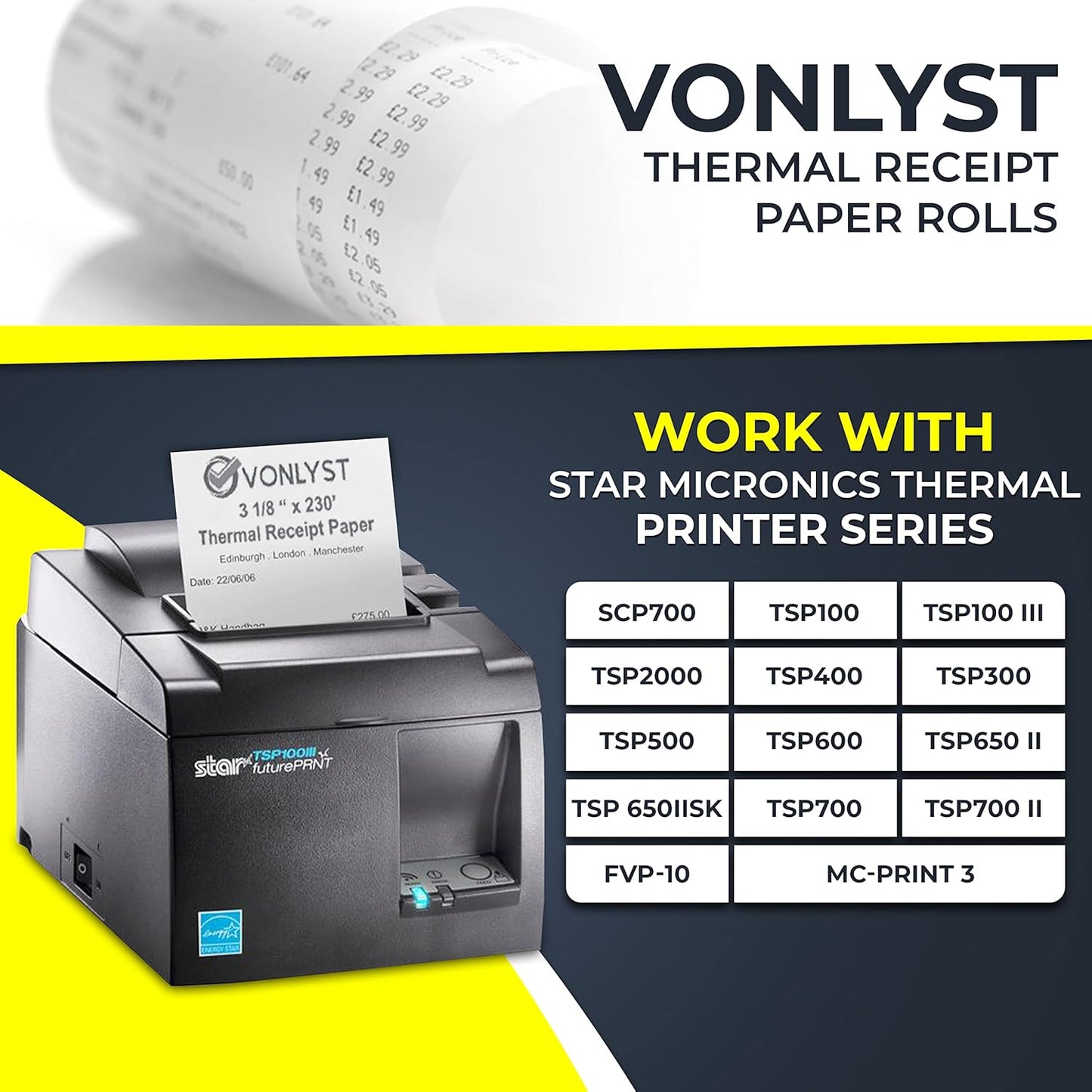 Receipt Paper Roll 3 1/8 x 230 for Square Register and Square POS System connected to Star Micronics Thermal Printer (Pack 06 rolls)