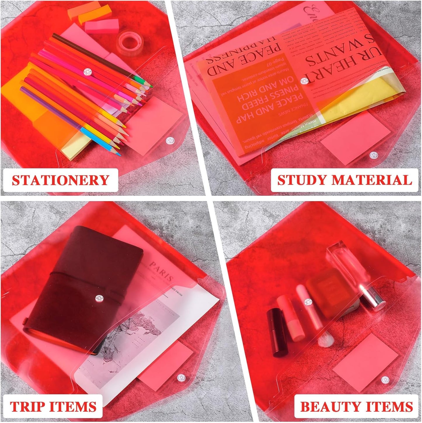 Lincia 24 Pcs Plastic Envelopes A4 Size Poly Envelopes File Folders Work Document Holder Office Paper Plastic File Organizer with Label Pocket Snap Button Home File Bag for School (Clear Red)