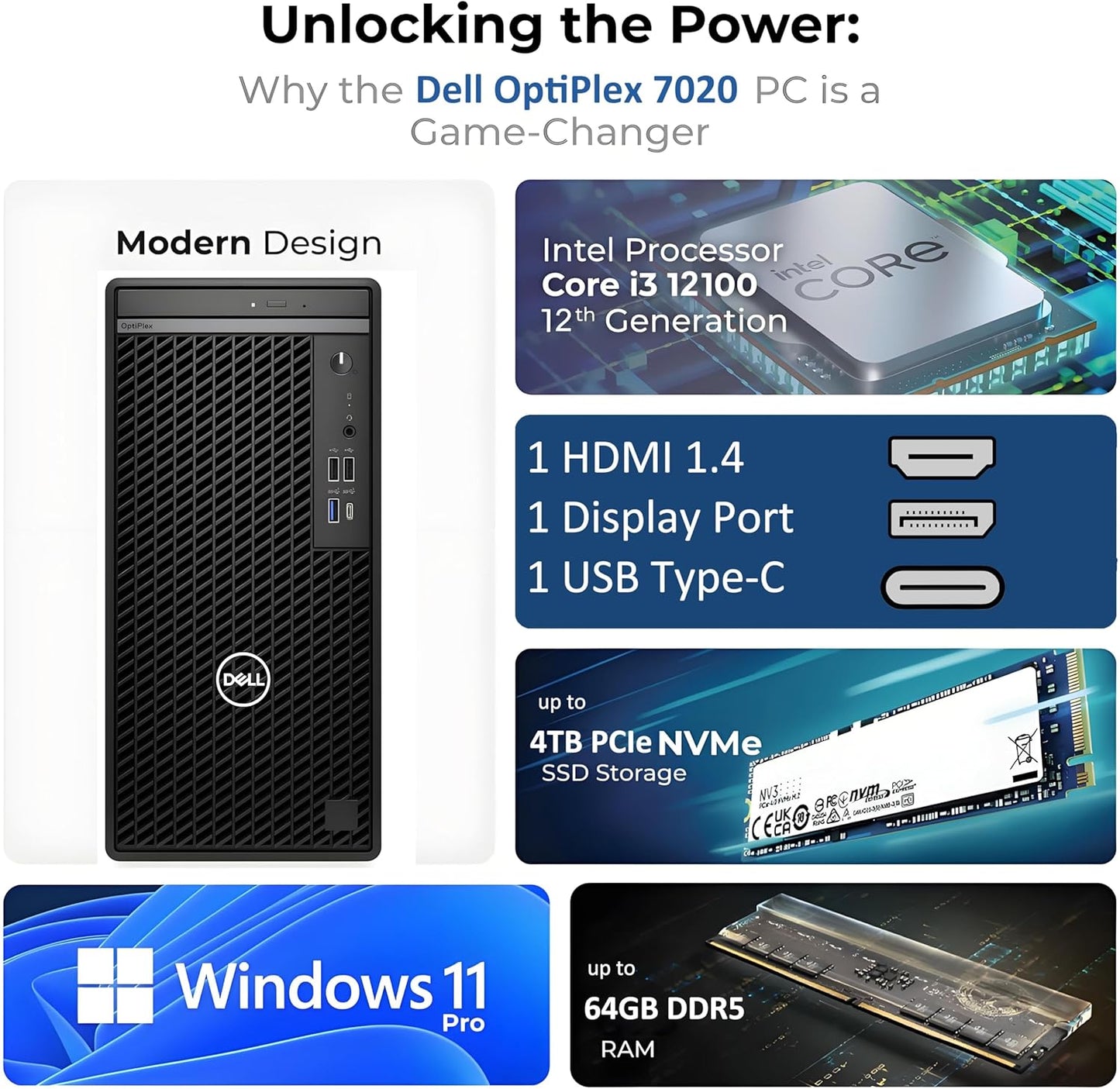 Dell OptiPlex Desktop Computer, 7020 Tower Dekstop PC, 12th Gen Intel 4-Core Processor (Beats Core i7-9700), 32GB DDR5 RAM, 1TB PCIe SSD, DVDRW, WiFi Adapter, RJ-45, Keyboard & Mouse, Windows 11 Pro