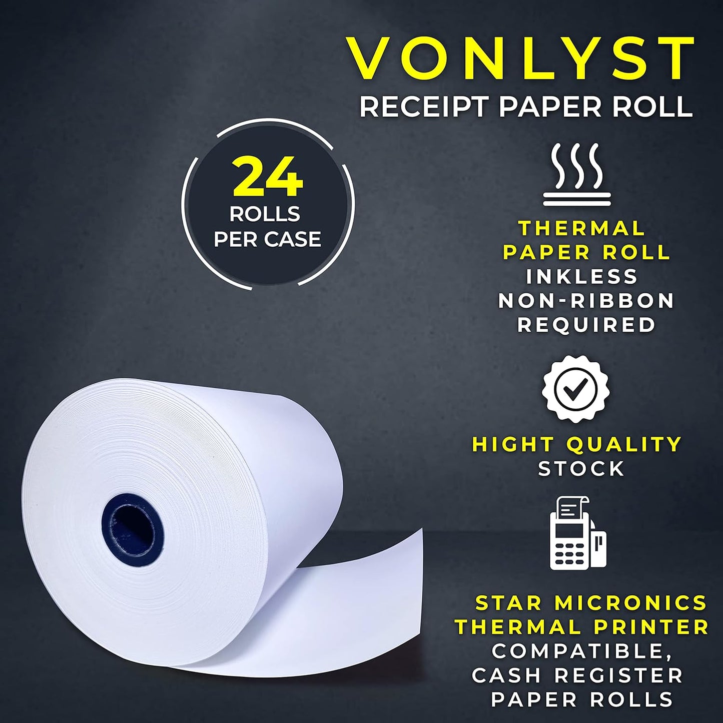 Receipt Paper Roll 3 1/8 x 230 for Square Register and Square POS System connected to Star Micronics Thermal Printer (Pack 24 rolls)