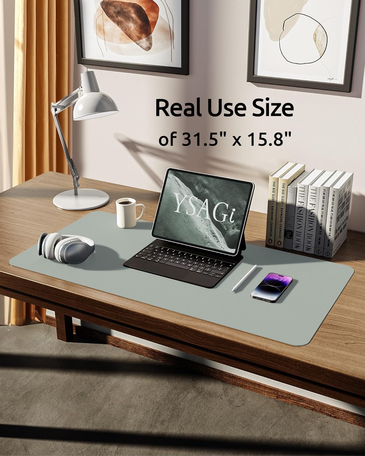 YSAGi Leather Desk Protector, Office Mat, Large Mouse Mat, Non-Slip PU Leather Blotter, Laptop Pad, Waterproof Writing Pad for Office and Home (Grayish Green, 31.5" x 15.8")