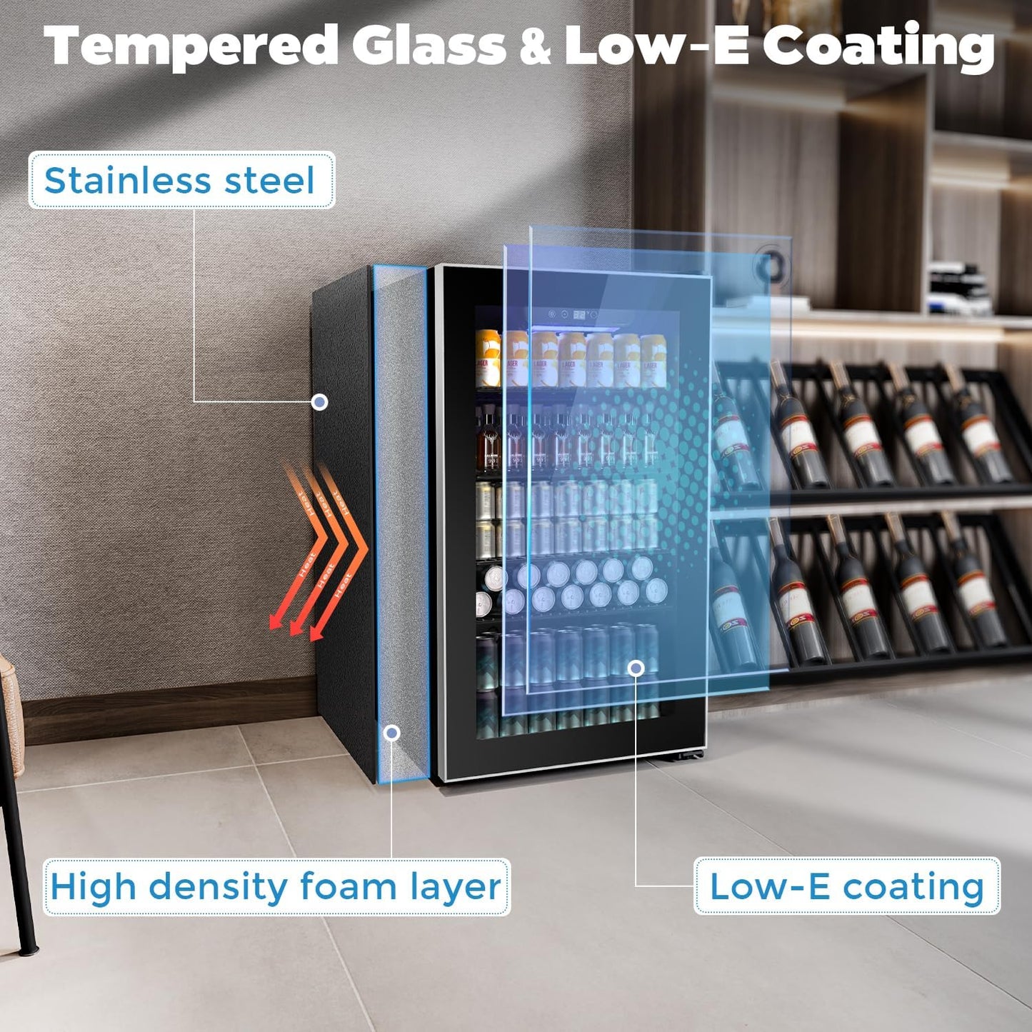 COWSAR Mini Fridge Cooler, 130 Can Beverage Refrigerator with Glass Door, ETL Approved Wine Fridge with Digital Temperature Control, LED Light, Reversible Door for Home, Office, Bar - 3.2 Cu.Ft