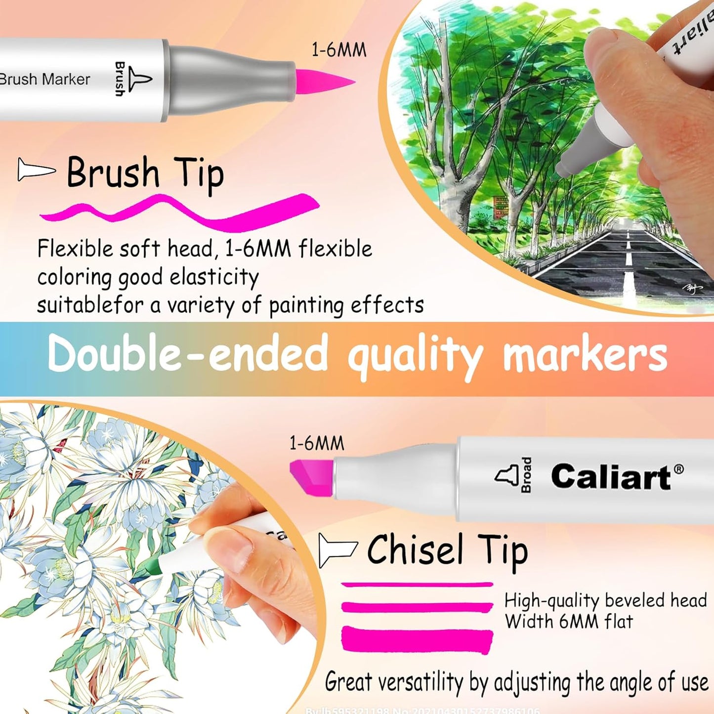 Caliart 61 Colors Pastel Alcohol Markers, Brush & Chisel Dual Tip Pens for Adult Coloring Book, Sketch Permanent Art Set for Easter Eggs Decorations Stuffers Drawing Supplies Gift