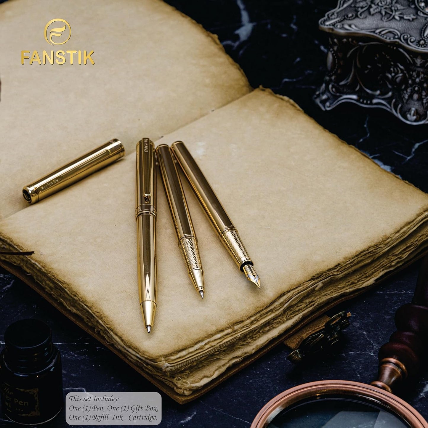 Gold Luxury fountain pen (Made In USA) fancy gift set for women, Real 24K Gold Plating, Professional executive pen gift set for men (Lux fountain Gld)