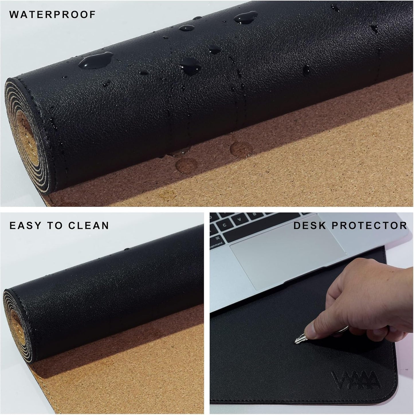 Vyaaa 70.8"x15.7" PU Leather & Cork Large Desk Mat (Black) - XXL Extended Mouse pad, Reversible Desk Protector, Non-Slip Computer Desk pad for Office, Gaming, Home