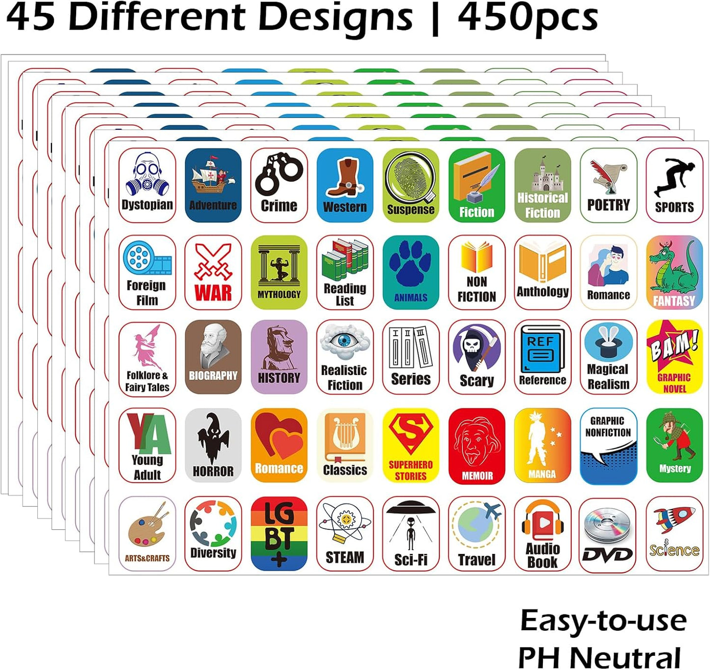 45 Genre Book Spine Labels for Library | Classroom Library Classification Stickers 450pcs
