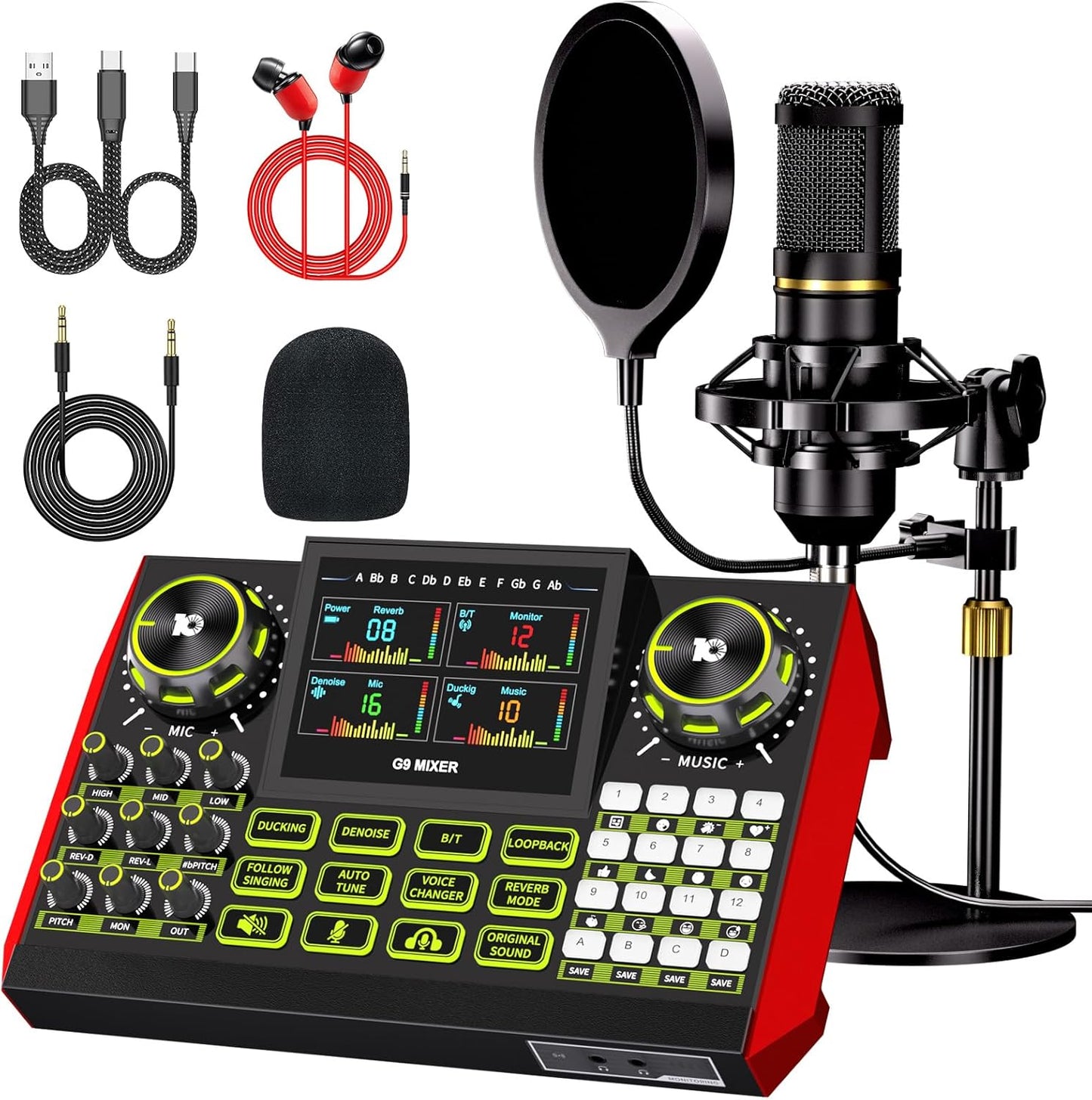 podcast equipment bundle, Live Sound Card with Audio Interface, All-in-One Audio Mixer with Voice Changer, Condenser Microphone for Live Streaming, Singing, Gaming, and Content Creation.