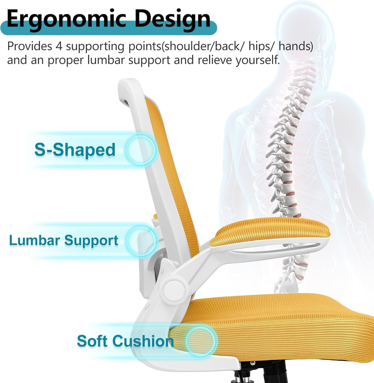 FelixKing Office Chair, Ergonomic Desk Chair Breathable Mesh Chairs with Adjustable High Back Lumbar Support Flip-up Armrests, Executive Swivel Comfy Task Computer Chairs for Home Office Yellow