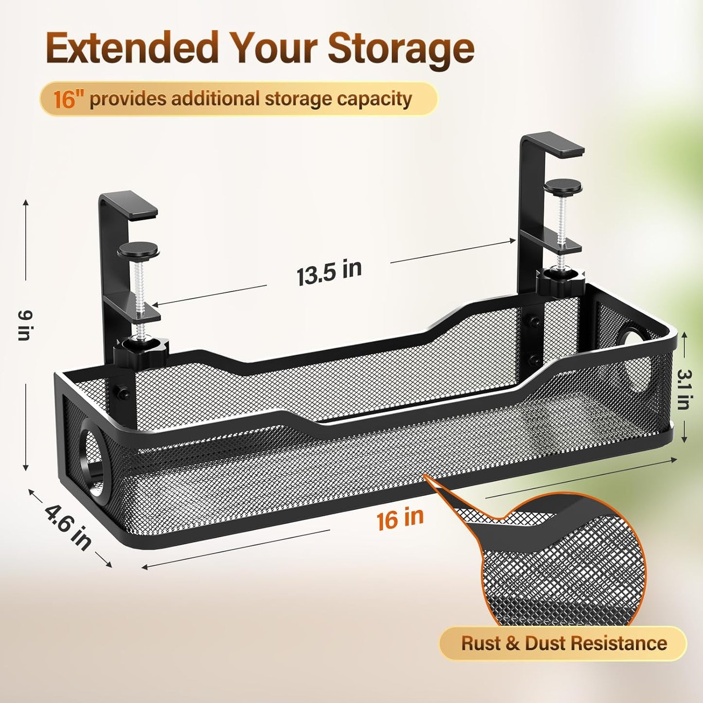 [Upgraded] Under Desk Cable Management Large, Cinati 16" Cable Management Box for Table Thickness up to 3", Wire Cord Organizer with Clamp No Drill, No Damage to Desk(Black)