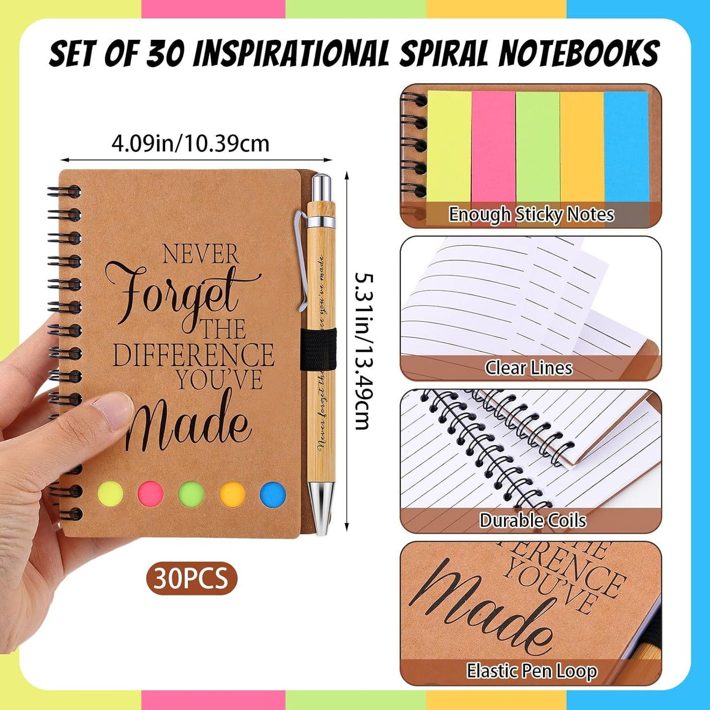 30 Sets Employee Appreciation Gifts Bulk Inspirational Spiral Notebooks with Sticky Notes Motivational Journals Ballpoint Pens Thank You Gifts for Teacher Nurse Coworker (30, Forget)