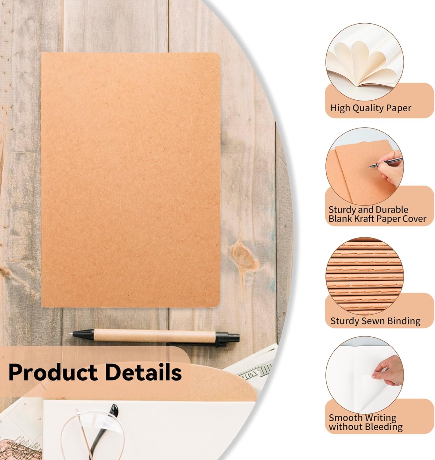 4 Pack Blank Kraft Notebooks, 8.3x5.5 Inches A5 Small Journals Bulk Blank Notebooks 80 Gsm Unlined with 60 Pages A5 Subject Notebooks Traveler Journal Set for Adult Students Back to School Supplies