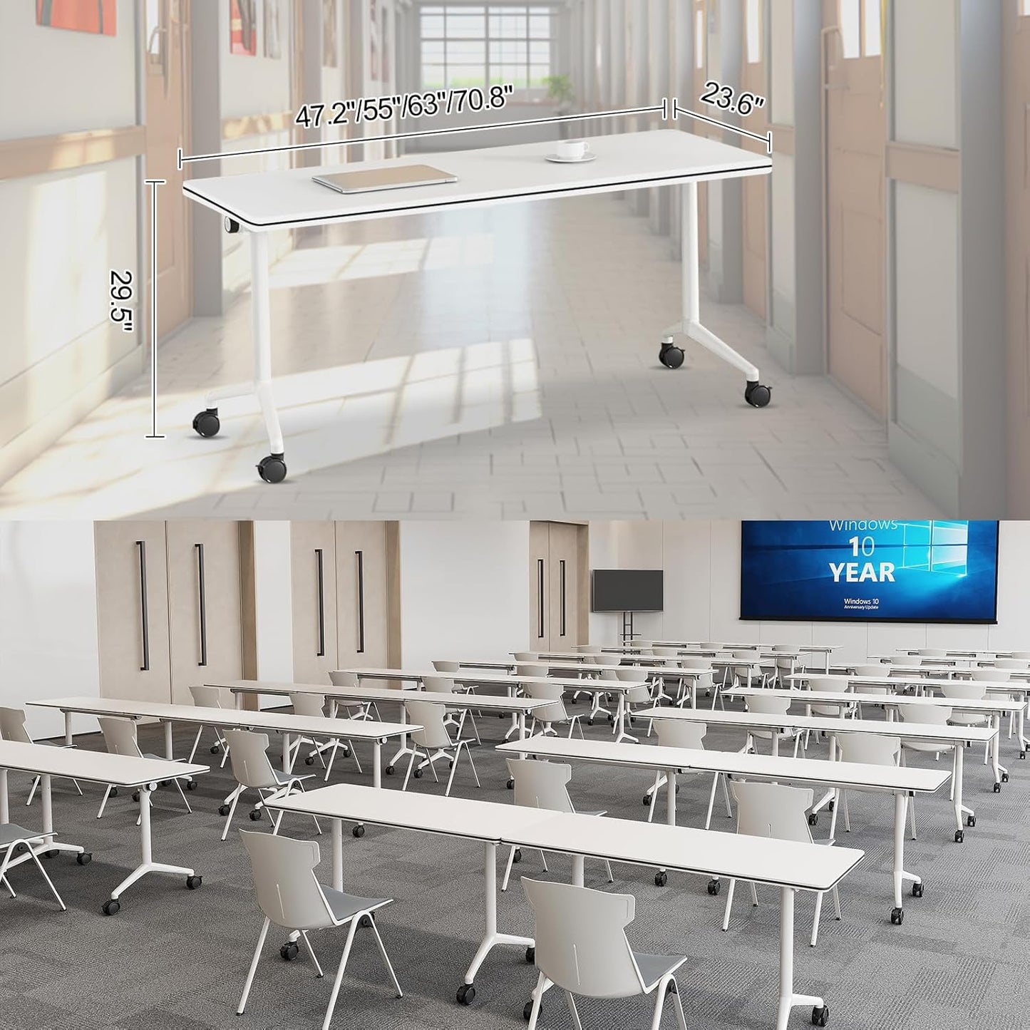 Folding Conference Room Tables 6 Pack, Foldable Modern Mobile Meeting Table Desk Training Table 6FT Large Rolling OfficeTable for Conference Training Classroom (4, 70.8" * 23.6" * 29.5")