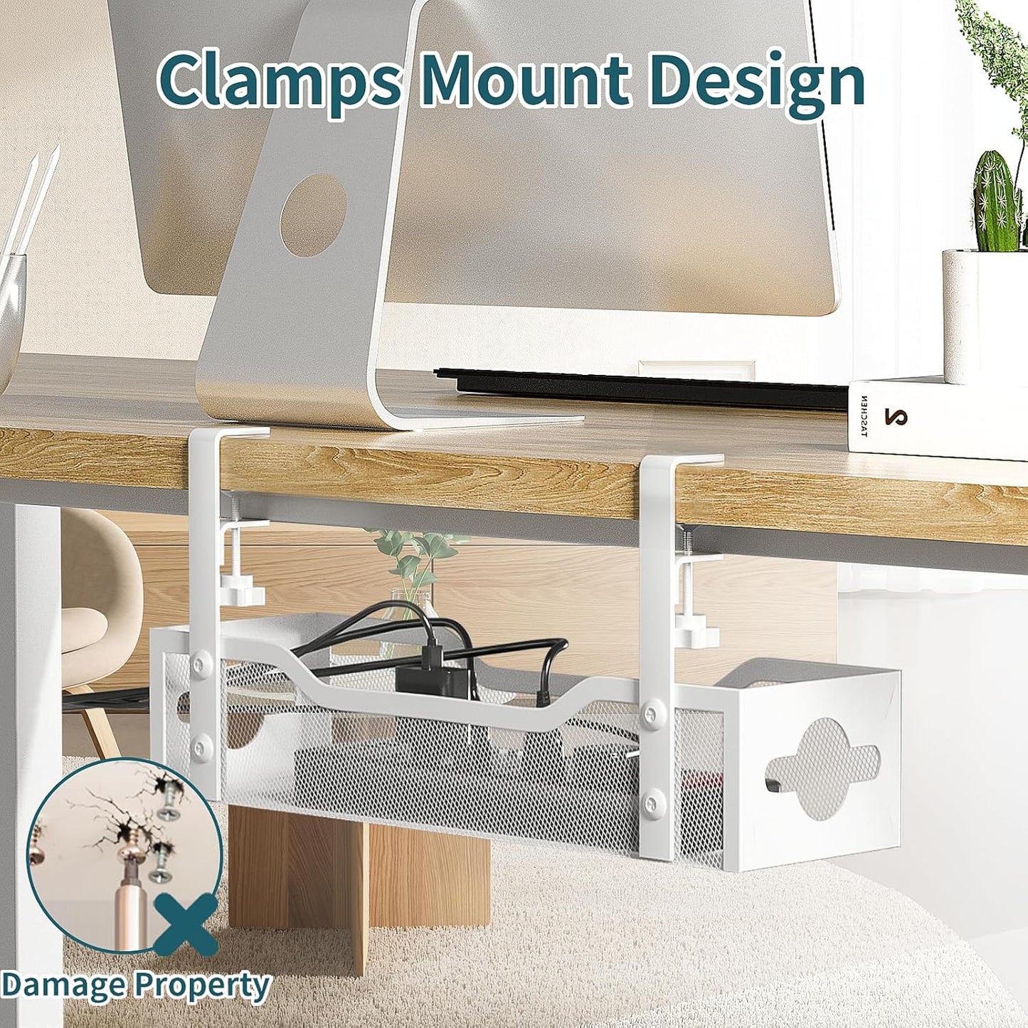 Under Desk Cable Management Tray, Litwaro No Drill, Metal Tray with Clamp for Wire Management, Cord Organizer Home Office Damage to Standing Desk, White, 13.38''