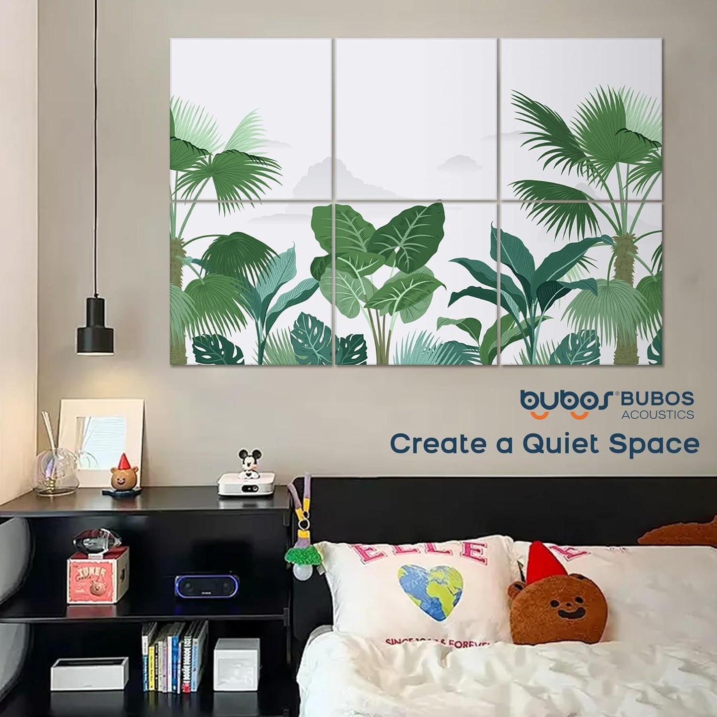 BUBOS 6 Pack Art Acoustic Panels Soundproof Wall Panel,70.8X47.2 Inches Large Sound Absorbing Panel,Self-adhesive Decorative Acoustical Wall Panels, Acoustic Treatment for Home Office（Green Leaves）