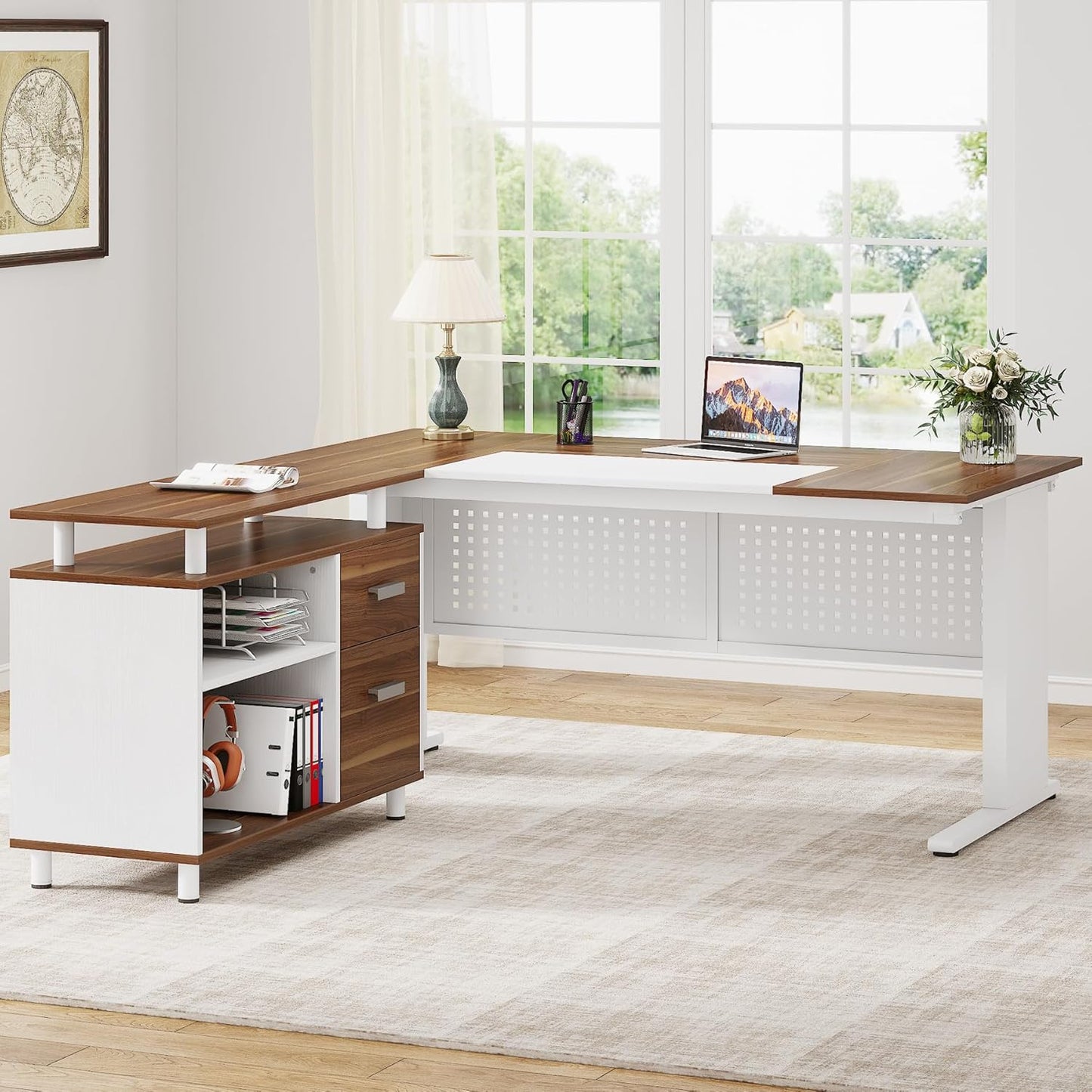Tribesigns 63 Inch Executive Desk with File Cabinet, L Shaped Office Desk with Drawers and Storage Shelves, Business Furniture Set Workstation for Home Office, White and Walnut