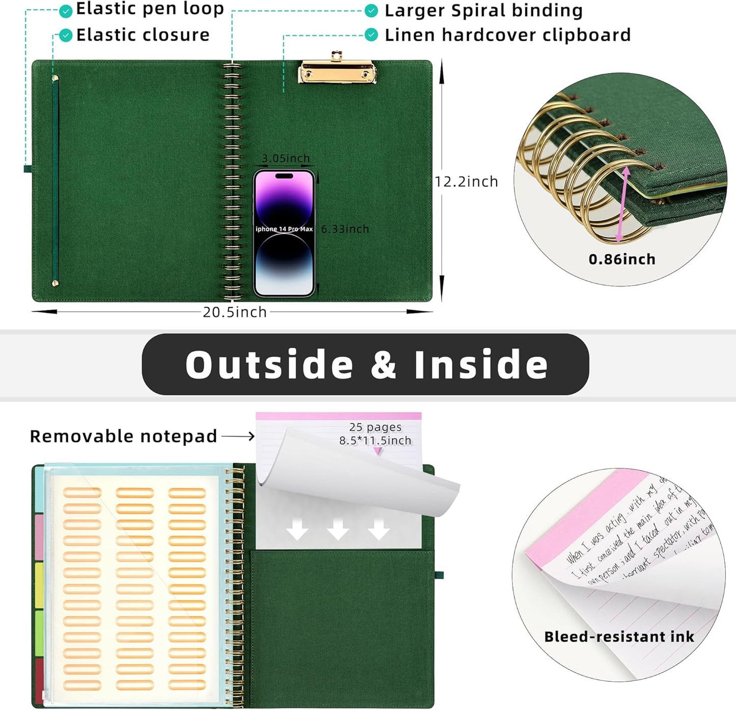 Ospelelf Foldable Spiral Clipboard Folio with Storage Zipper Pouch, 5 Plastic Folders with 10 Pockets,Refillable Lined Notepad (11" x 8.5"), Hardcover Project Organizer with 39 Stickers (Dark Green)