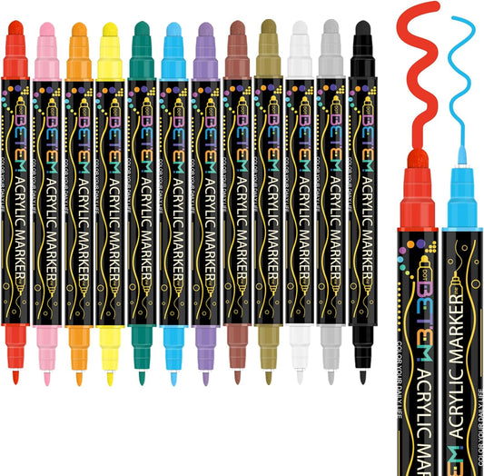 Betem 12 Colors Dual Tip Acrylic Paint Pens Markers, Premium Acrylic Paint Pens for Wood, Canvas, Stone, Rock Painting, Glass, Ceramic Surfaces, DIY Crafts Making Art Supplies