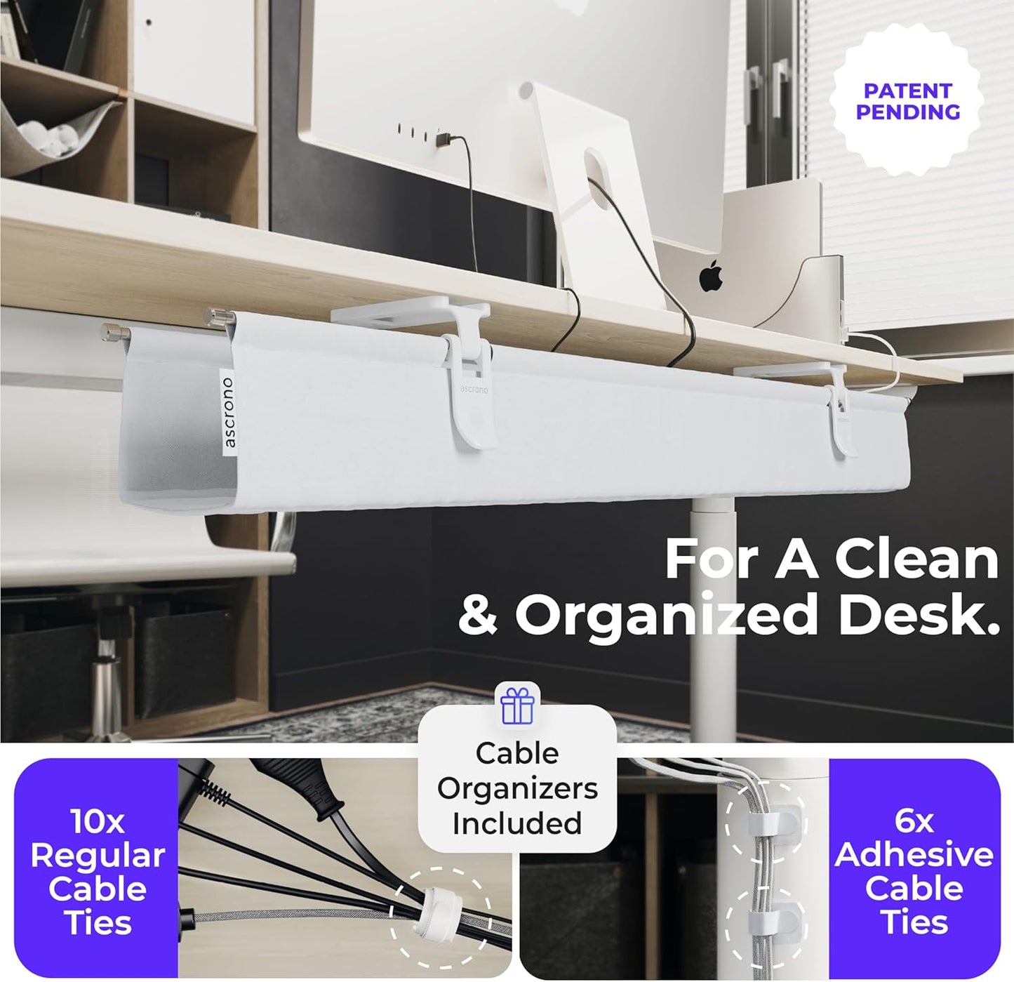 Original No Drill Under Desk Cable Management Tray 27.3" - Premium White Fabric Cable Management Under Desk - Clamp/Screw Mount Cord Organizer - Supports Upto 66lbs