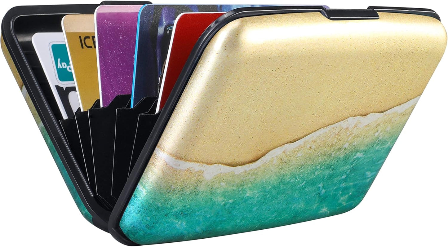 ELFISH Mini RFID Aluminum Wallet Credit Cards Holder Business Card Case Metal ID Case for Men Women（Beach