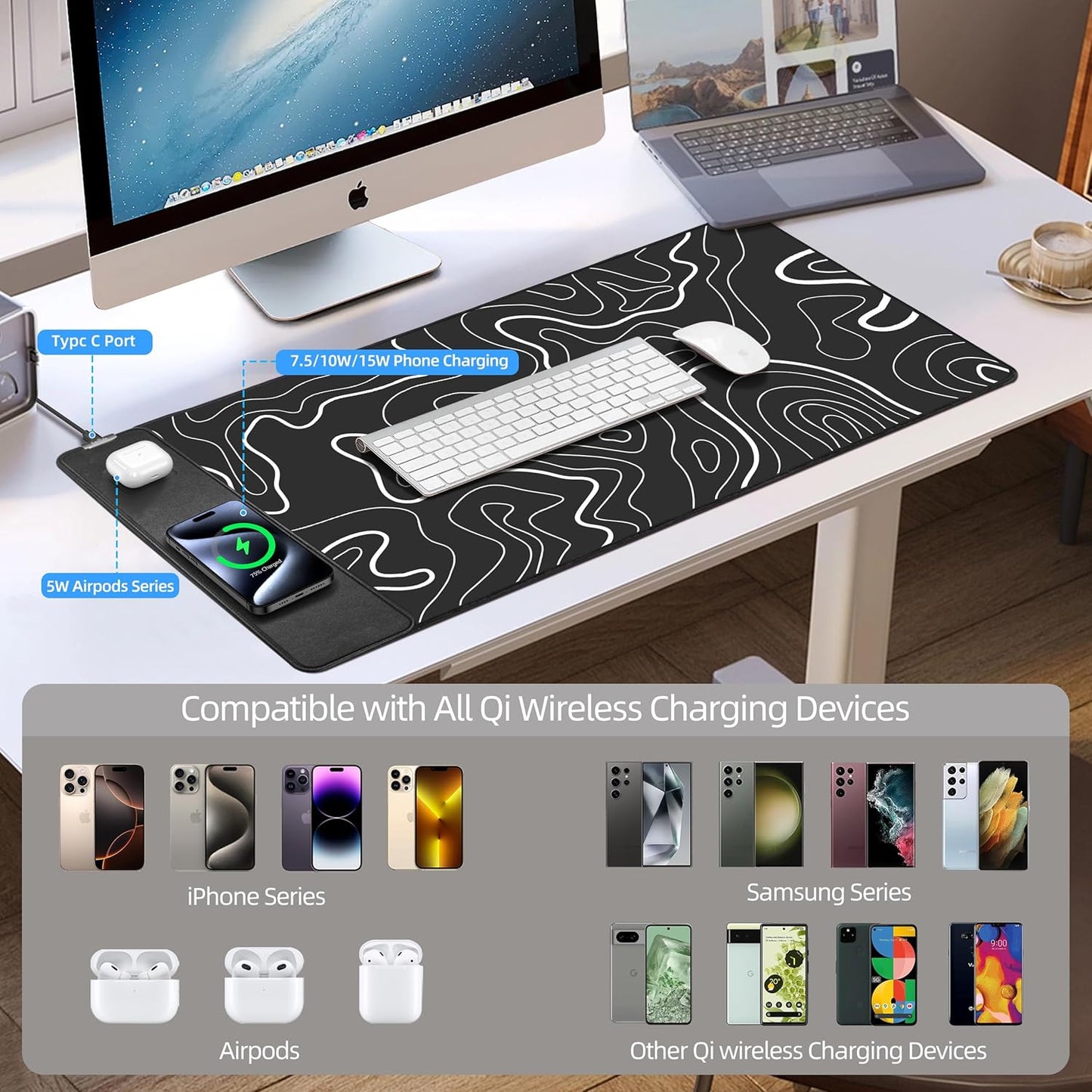 Mouse Pad with Wireless Charging, Gaming Mouse Pad with Ultra-Smooth Surface, Large XXL Desk Mat, Non-Slip Mouse Mat, Waterproof Computer Keyboard Pad for Gaming, Desk, Office, PC, 800x400x4MM, Black