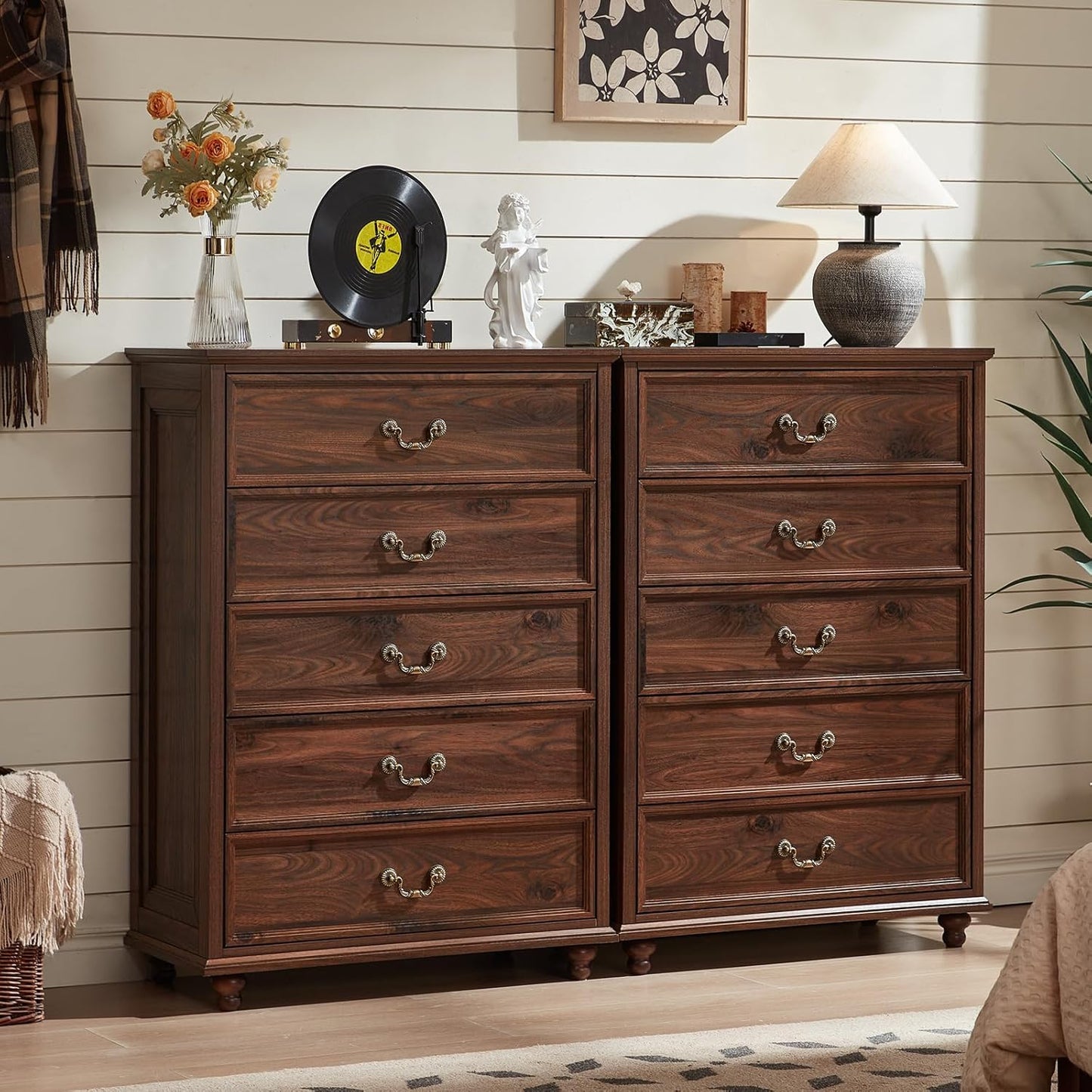 Farmhouse 5 Drawer Dresser Set of 2 for Bedroom, 45" Tall Rustic Chests of Drawers w/ 4 Solid Wood Feet, Mid Century Vintage Wooden Closet Storage Dressers Organizer for Living Room, Brown