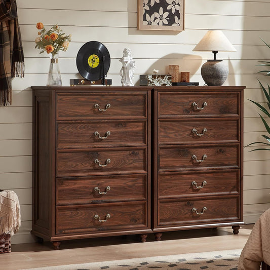Farmhouse 5 Drawer Dresser Set of 2 for Bedroom, 45" Tall Rustic Chests of Drawers w/ 4 Solid Wood Feet, Mid Century Vintage Wooden Closet Storage Dressers Organizer for Living Room, Brown