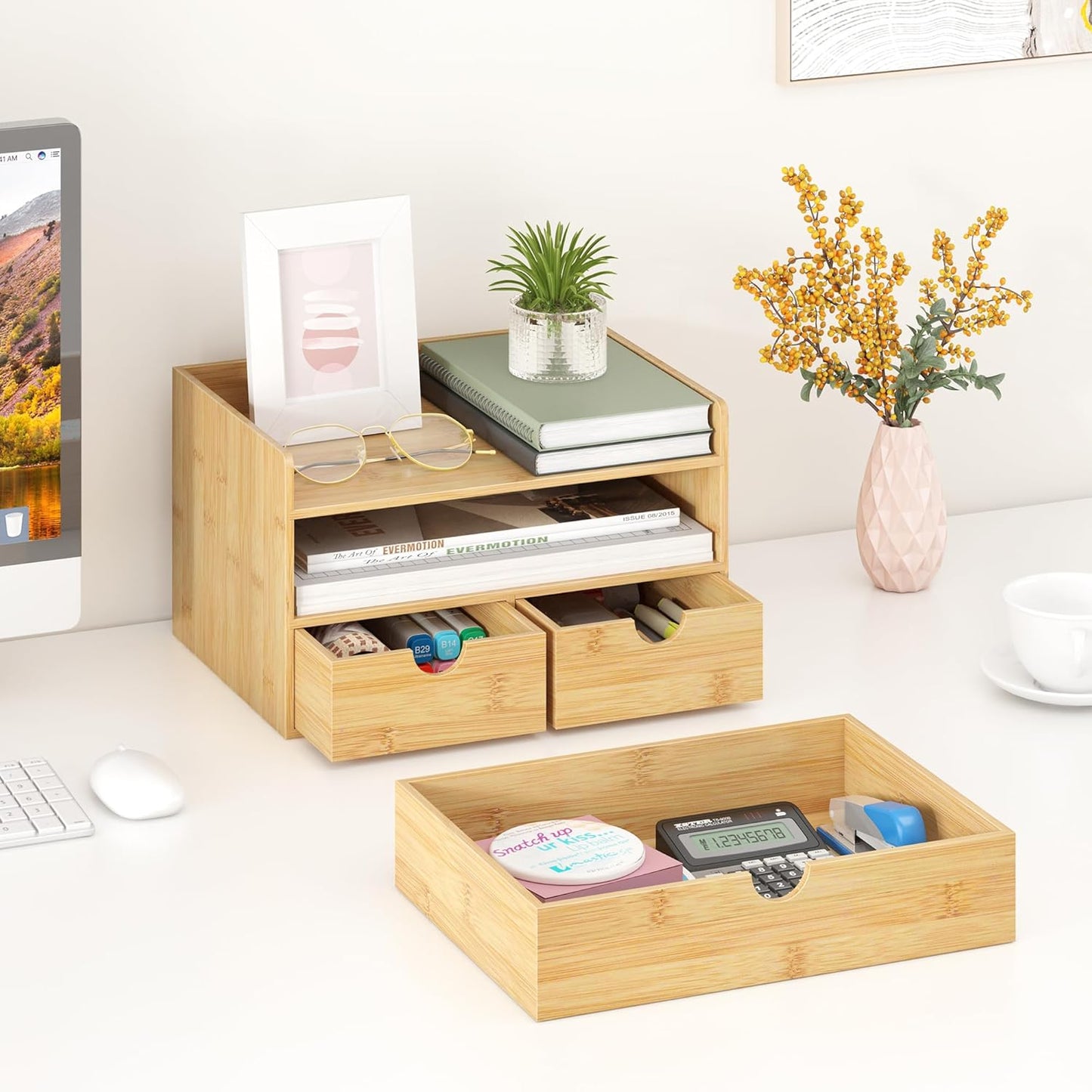 Bamboo Desk Organizer with Drawers Desktop Storage Drawers for Bills Office Supplies Kitchen Utensils Organizing Tool for Home Classroom Organization No Assembly (Nature 3 Drawers)