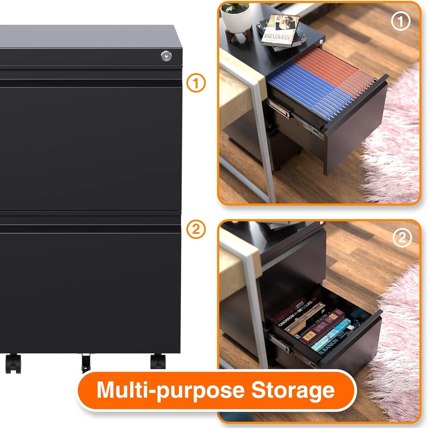 Aobabo Metal 2 Drawer Mobile File Cabinet with Lock, Under Desk Office Steel Filing Cabinet, 25.6''H Legal/Letter Size, Black, Fully Assembled Except Wheels