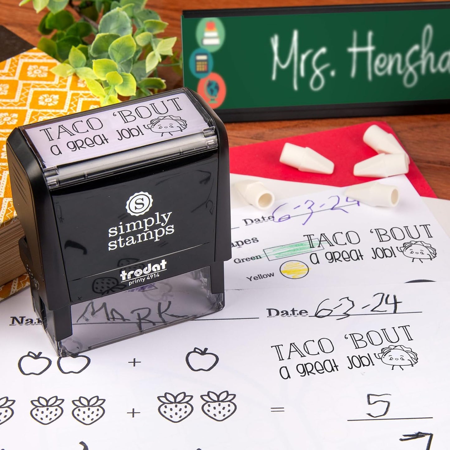 Custom Self-Inking Stamps | 49 Fun Phrases & Classroom, Library Book Stamps (Taco 'Bout a Great Job!, Xtra Wide Grading)