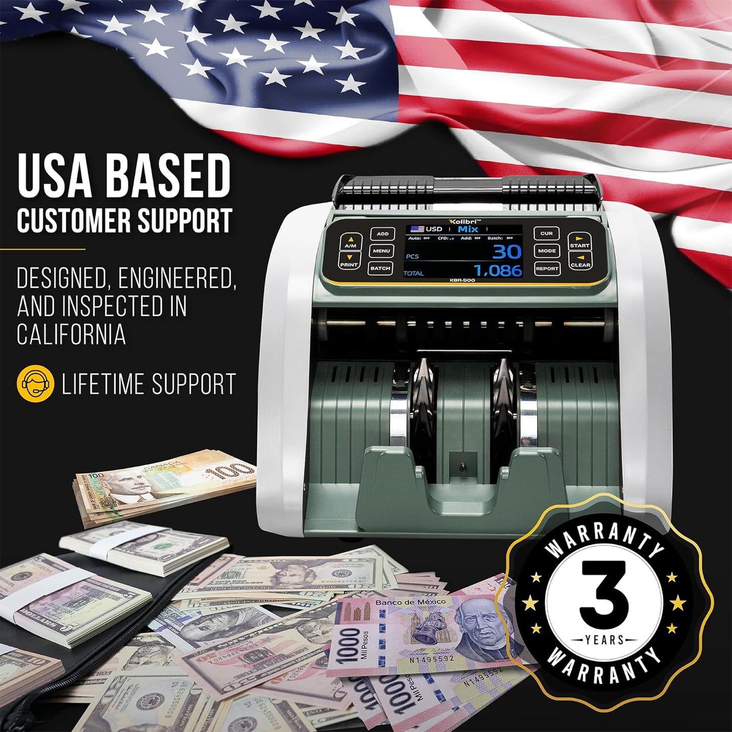 KOLIBRI Money Counter Machine, KBR-500 Mixed Denomination | Business Grade w/Advanced IR/UV/MG/MT/Counterfeit Detection, Multi-Currency (USD CAD MXN GBP EUR)