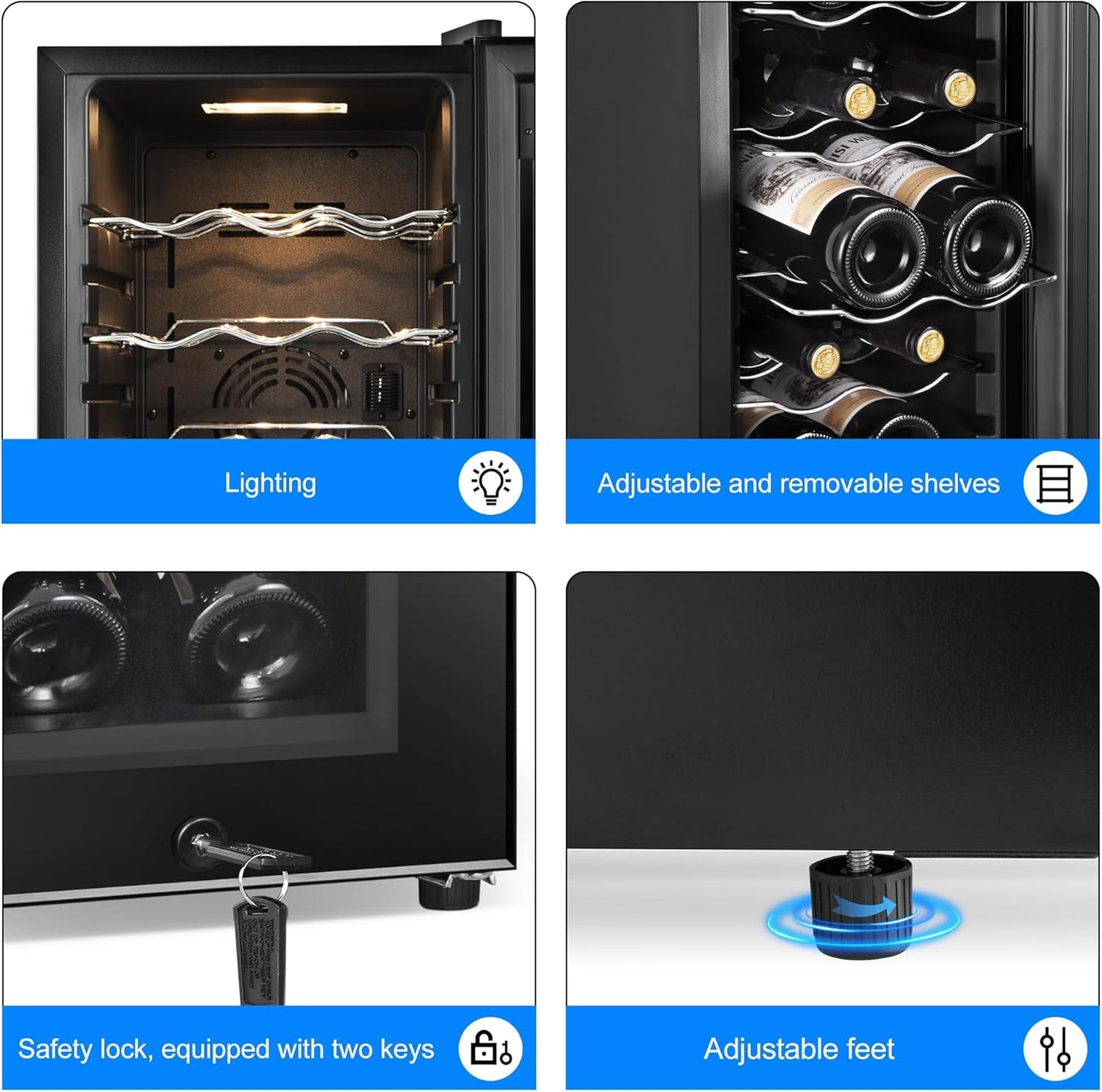 Wine Cooler Refrigerator 12 Bottles, Small Wine Fridge Mini Wine Fridge Countertop with Glass Door Wine Cellars for Red Wine, Champagne, Dry White Wine, Sparkling Wines