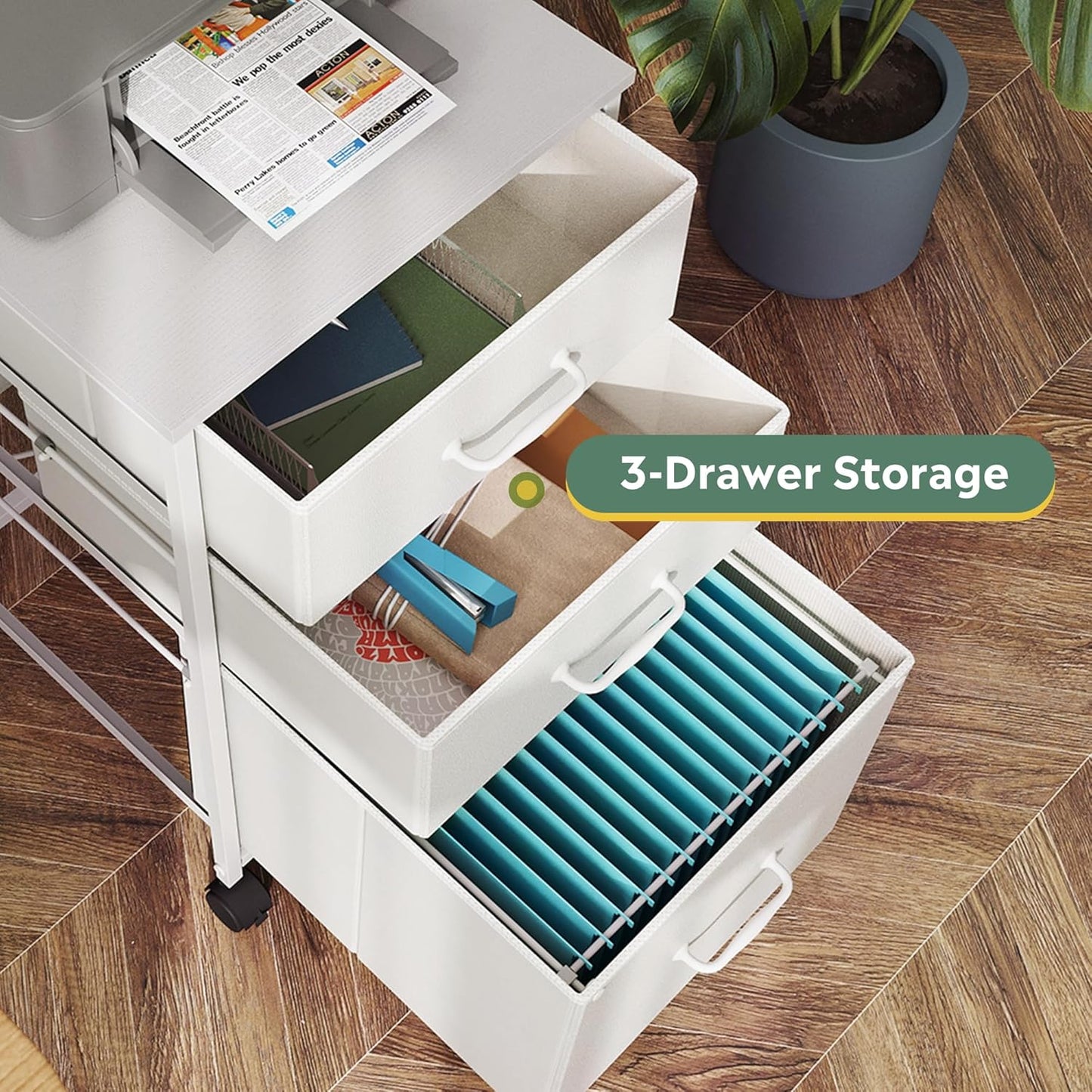 DEVAISE Mobile File Cabinet, Rolling Printer Stand with 3 Drawers, Fabric Vertical Filing Cabinet fits A4 or Letter Size for Home Office, White