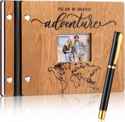 Adventure Wooden Guest Book with Pen 8 x 6 Inches 120 Pages Memory Scrapbook Rustic Signature Party Sign in Xmas Gift for Couple Guests Book