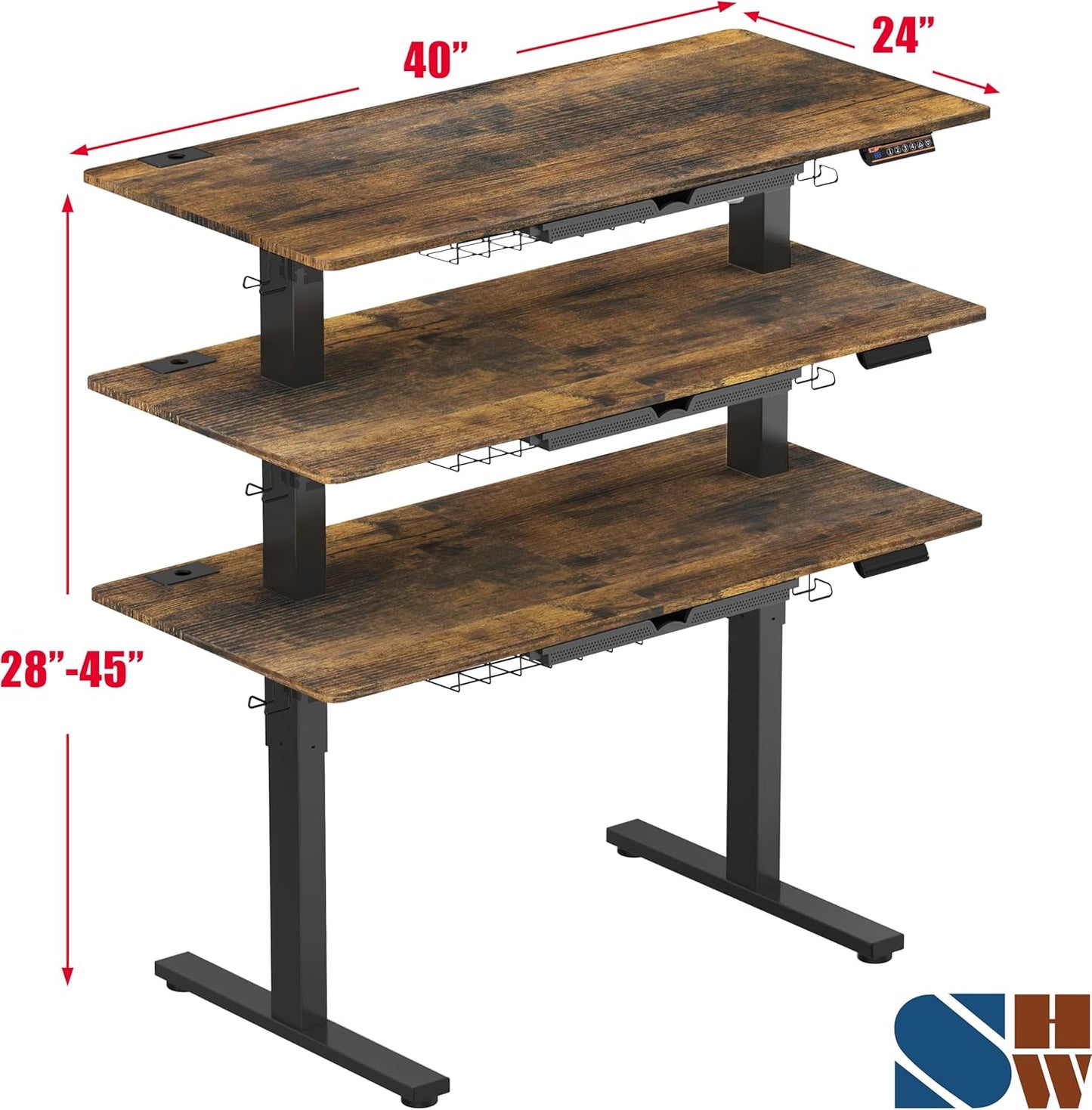 SHW 40-Inch Electric Height Adjustable Standing Desk with Drawer, Memory Preset and Cable Management Tray, Rustic Brown