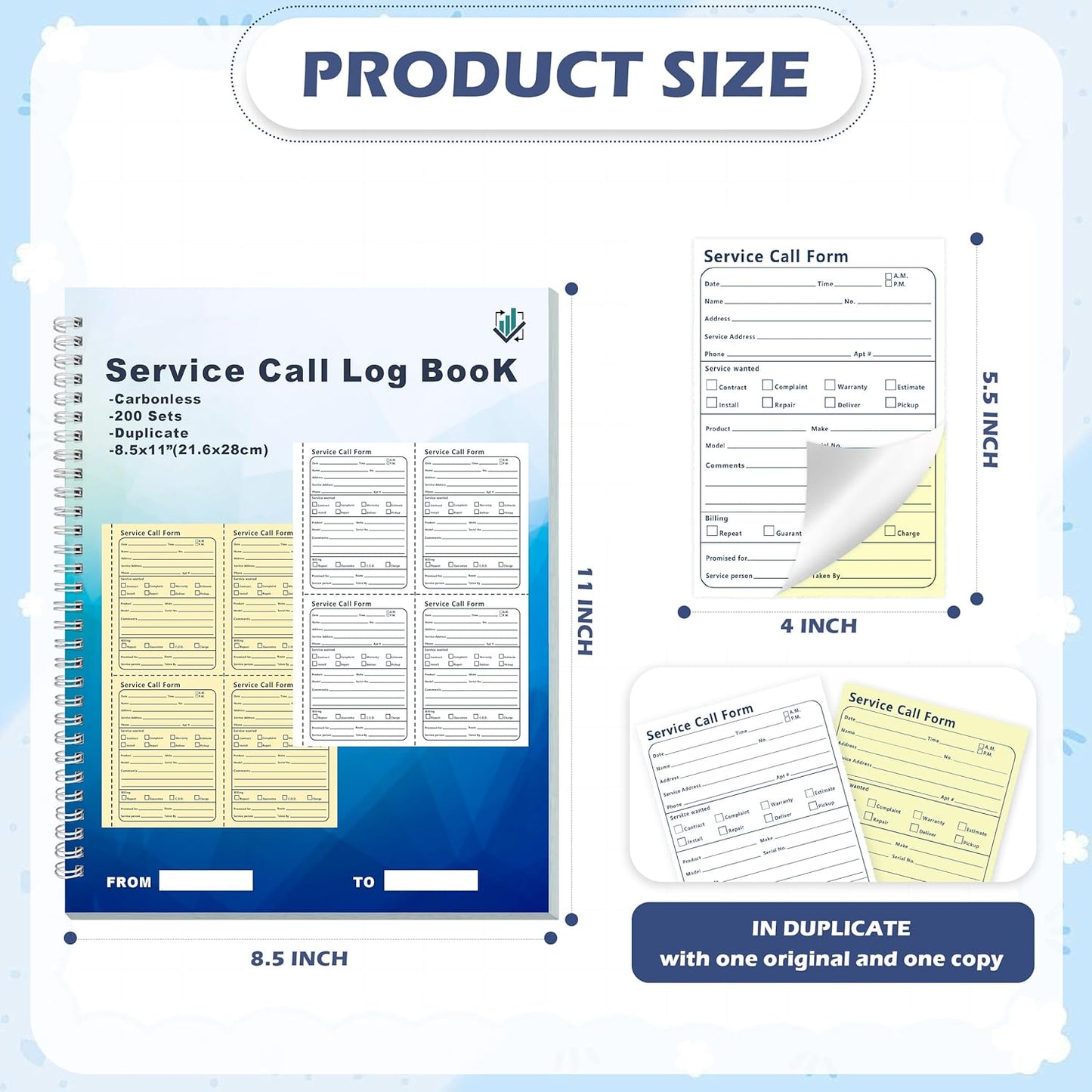 200 Sets Service Call Correspondence Forms Book 8.5x11 Inch 2 Part Carbonless 4 Message Sets per Page Call Log Book Phone Message Book Invoice Receipt Book for Repair Service (1)