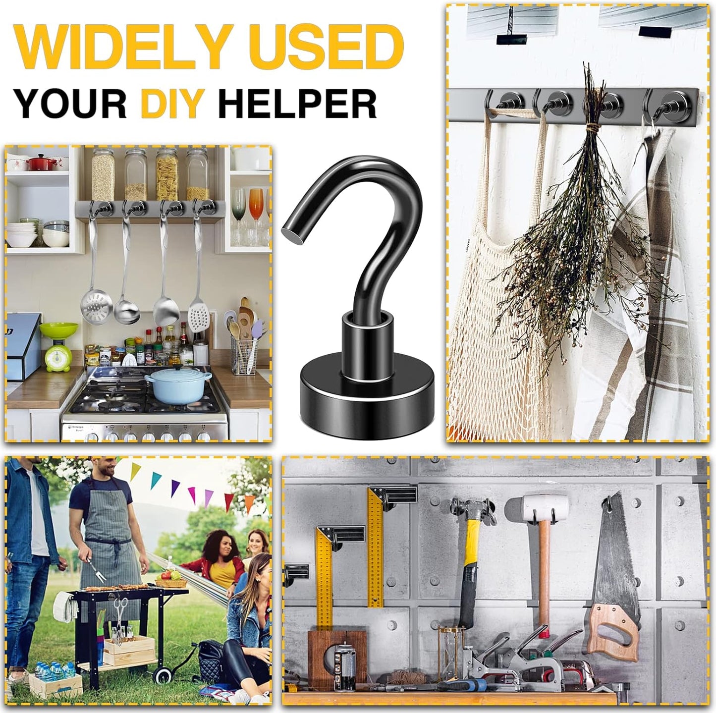 DIYMAG Magnetic Hooks, 30lbs+ Magnet Hook 2025 Cruise Cabin Ship Essentials Heavy Duty Strong Magnets Refrigerator Fridge Hanging for Classroom Beach Vacation Kitchen Grills Home 6 Pack (Black)