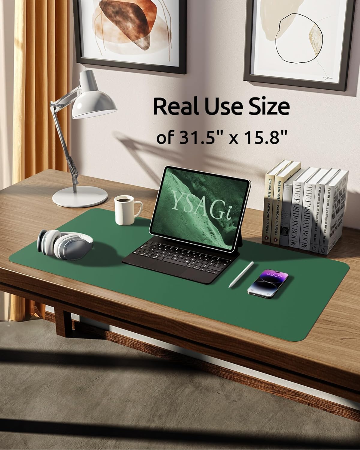 YSAGi Leather Desk Pad Protector, Office Desk Mat, Large Mouse Pad, Non-Slip PU Leather Desk Blotter, Laptop Desk Pad, Waterproof Desk Writing Pad for Office and Home (Jade Green, 31.5" x 15.8")