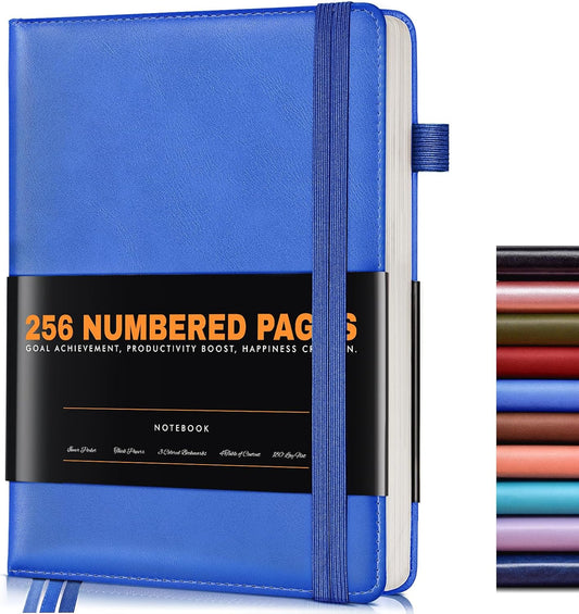 Lined Journal Notebook for Women Men, 256 Numbered Pages Hardcover Leather Journals for Writing, A5 Journaling Notebooks, College Ruled Journal for Business Work School Note Taking 5.75" x 8.38" Blue